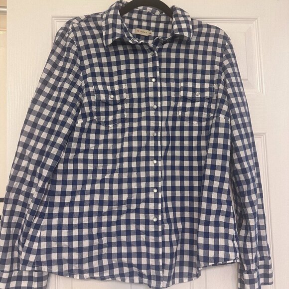 Daniel Cremieux Tops - Cremieux Blue and Gingham Long Sleeve Top Size L Pearl Button Snap Close